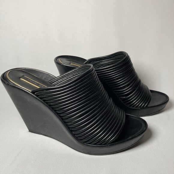 Rachel Zoe Keyla Slide Wedge Black Leather Open-Toe Sandals - Picture 4 of 7